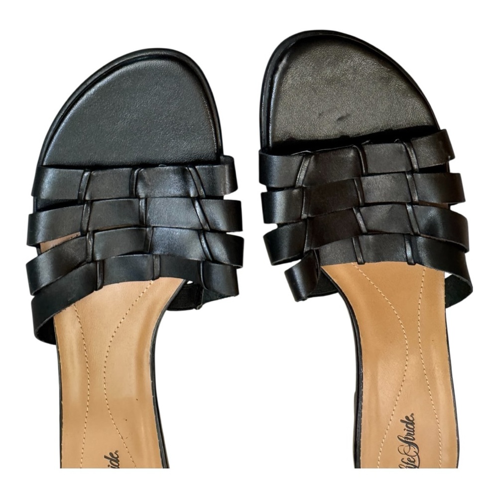 🆕 NEW LIFE STRIDE Black Leather Woven open toed Mules kitten heels size 9 - Picture 2 of 7